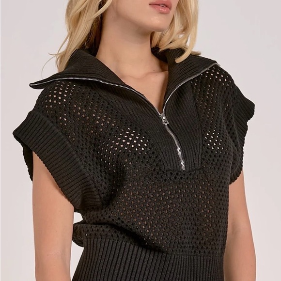 NWOT Elan Allie Black Knit Zip-Up Wide Collar Sweater Sz M, Currently on Website - Picture 3 of 8
